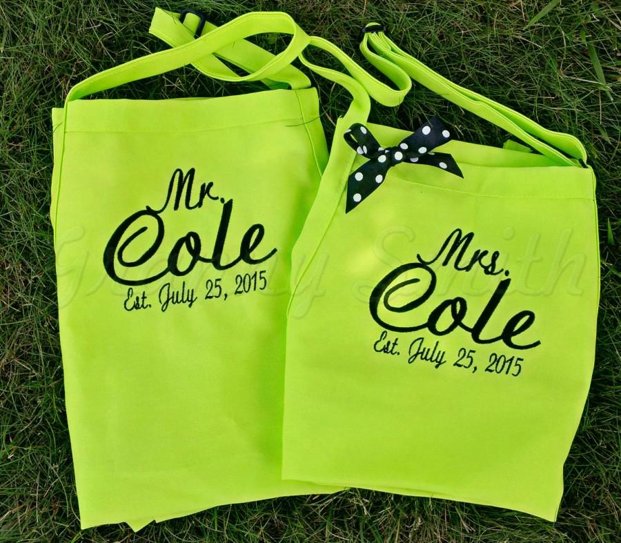 Wedding - Matching set of Embroidered Mr & Mrs Aprons. Many colors + fonts. 24"L x 28"W professional 3 pocket full bib. His can be longer!!!