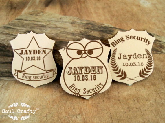 Wedding - Personalized Ring Security Badge Cute Owl Officer Ring Bearer Gift Rustic Wedding Laser Engraved Wooden Badge
