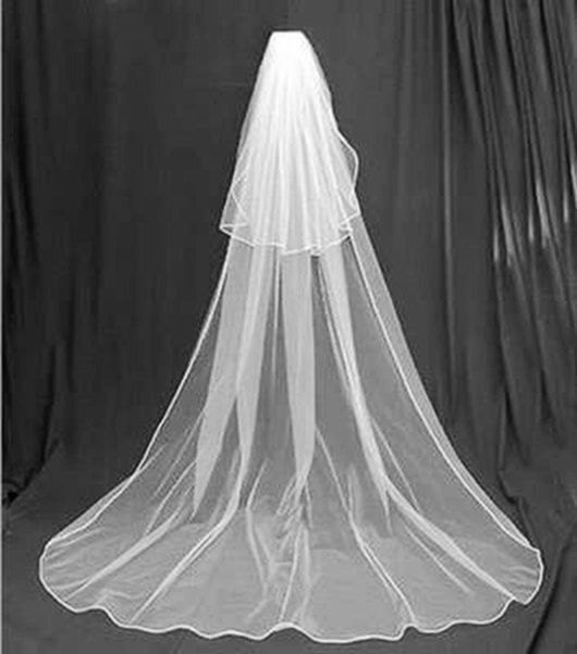 Mariage - Cathedral wedding veil with blusher, white to ivory, pencil edge 8 feet long, cheap, two tiers with clip