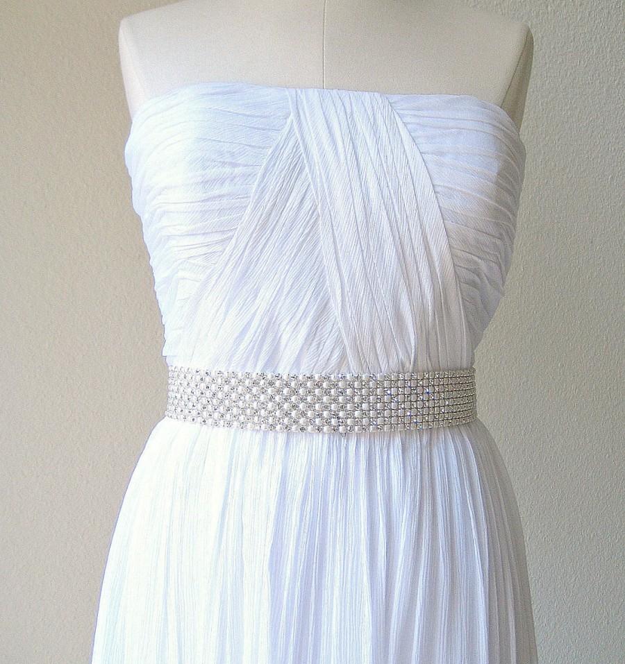 زفاف - Elegant bridal beaded pearl, crystal wedding sash/belt. 8 rows. Cream & Sparkle.