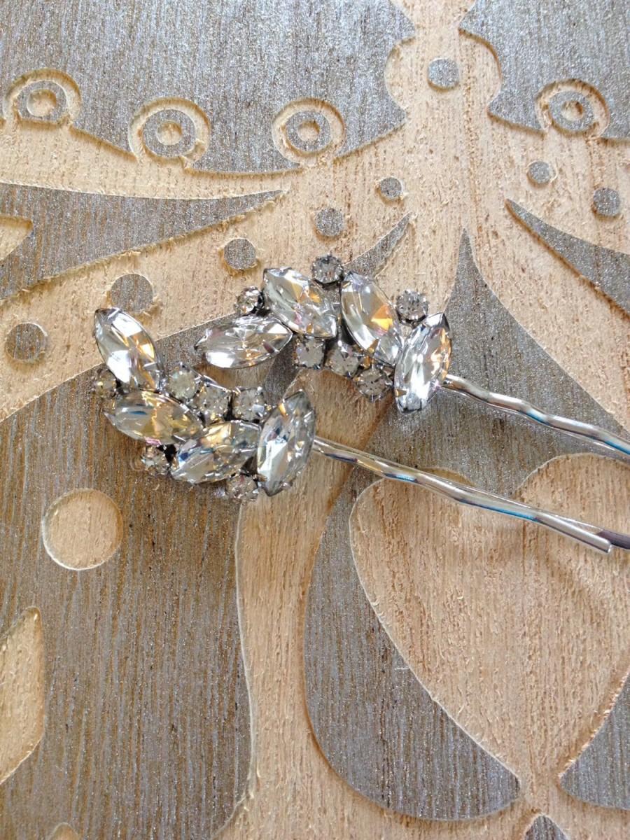 Wedding - Pair of Art Deco rhinestone hair pins, leaves, leaf, set, 1920s, wedding, rustic, bridal, jewelry, country, vintage, set, Art Deco, hair pin