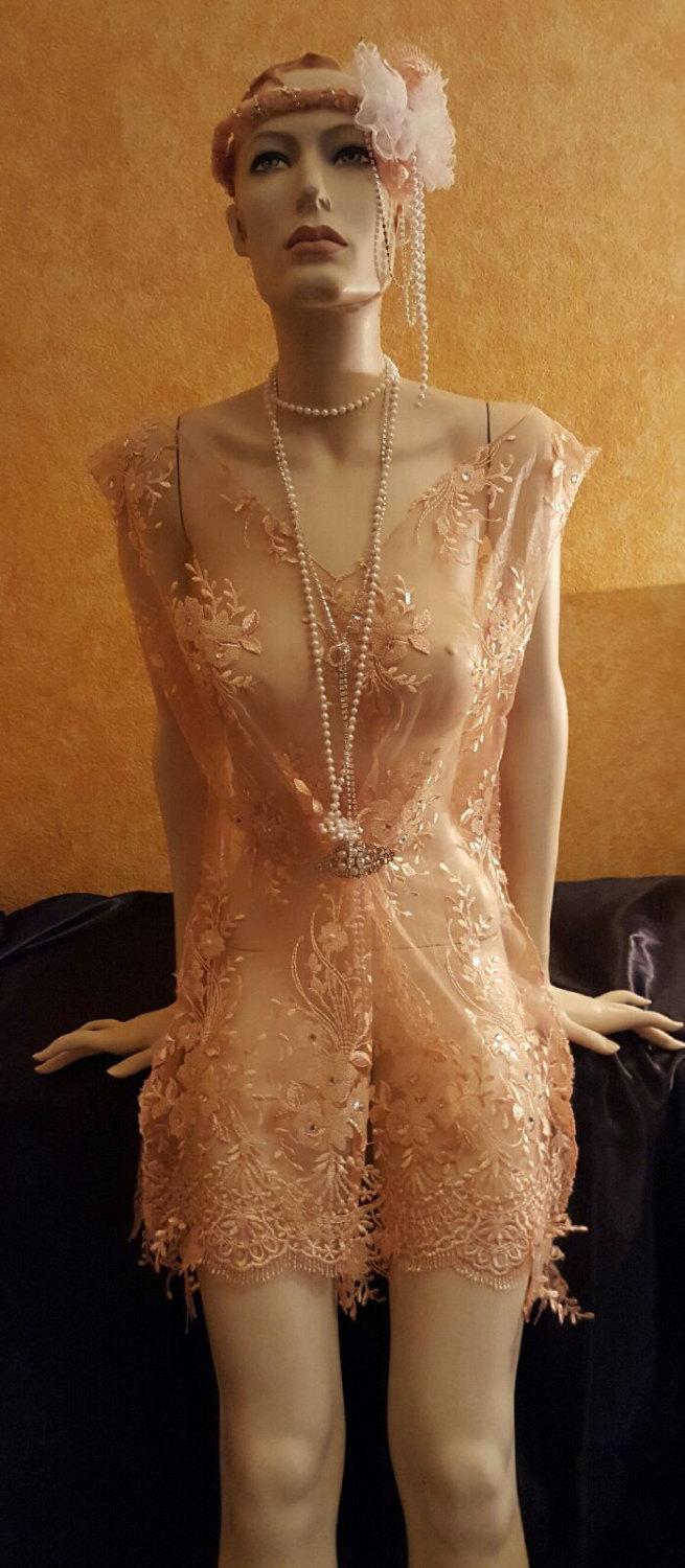 Свадьба - Gatsby 20's Style Blush Peach Crystal Pearl Sequin Embroiderd Lace Sheath Mini Tunic Dress & Headpiece Ballroom Dance Costume Theatre Party