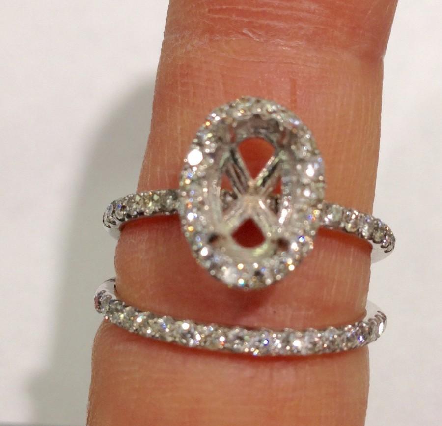 Hochzeit - White Gold Diamond Halo Semi Mount - Low Ring Setting Engagement Ring with Matching Wedding Band Bridal Ring Set