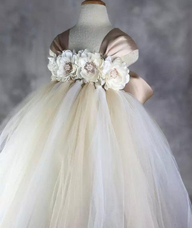 Wedding - Ivory Tan Flower girl dress Lace chiffton Tutu dress Wedding dress Birthday dress Newborn to 8T
