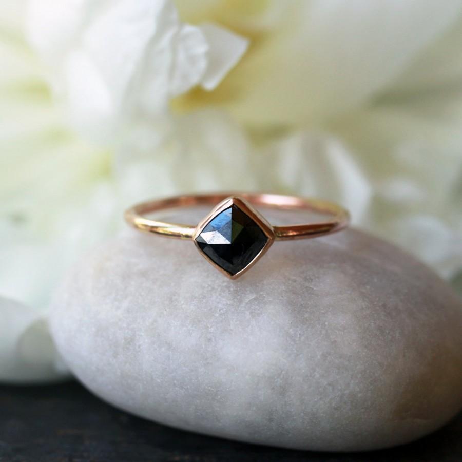 Square rose cut black diamond ring, 14k yellow gold band, unique ...