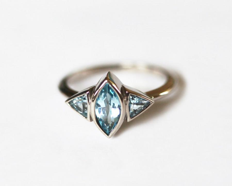 Wedding - 18k Palladium Aquamarine Ring, Gold Aquamarine Ring, Marquise Aquamarine Ring, Aquamarine Engagement Ring, Three Stone Ring