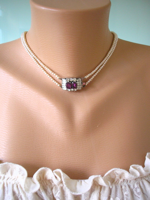 زفاف - AMETHYST And Pearl Necklace, Backdrop Necklace, Purple Rhinestone Jewelry, Art Deco, Great Gatsby, Cream Pearls, Downton Abbey Bridal Pearls