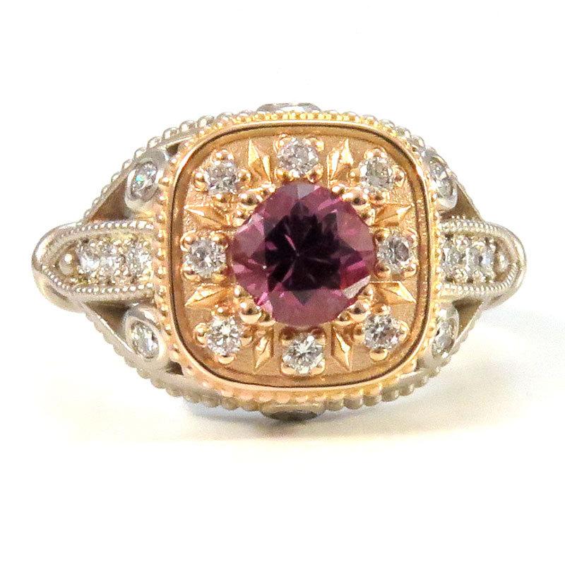 زفاف - Raspberry Sapphire Engagement Ring - Diamonds, 14k Palladium White Gold and 14k Rose Gold - Art Deco Cushion Wedding READY TO SHIP 4-6