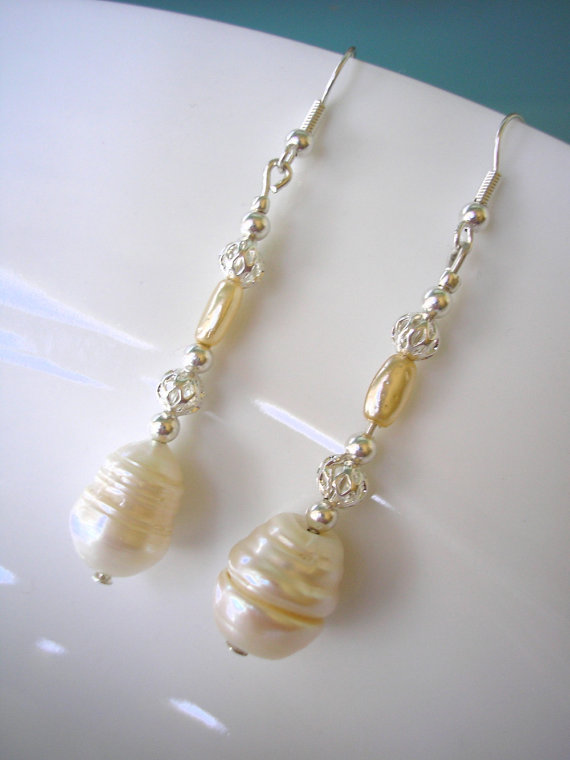 Hochzeit - Baroque Pearl Earrings, Pearl Bridal Earrings, Wedding Jewelry, Cream Pearls, Dangly Drop, Pierced, Silver, Bohemian, Boho, Long, Downton