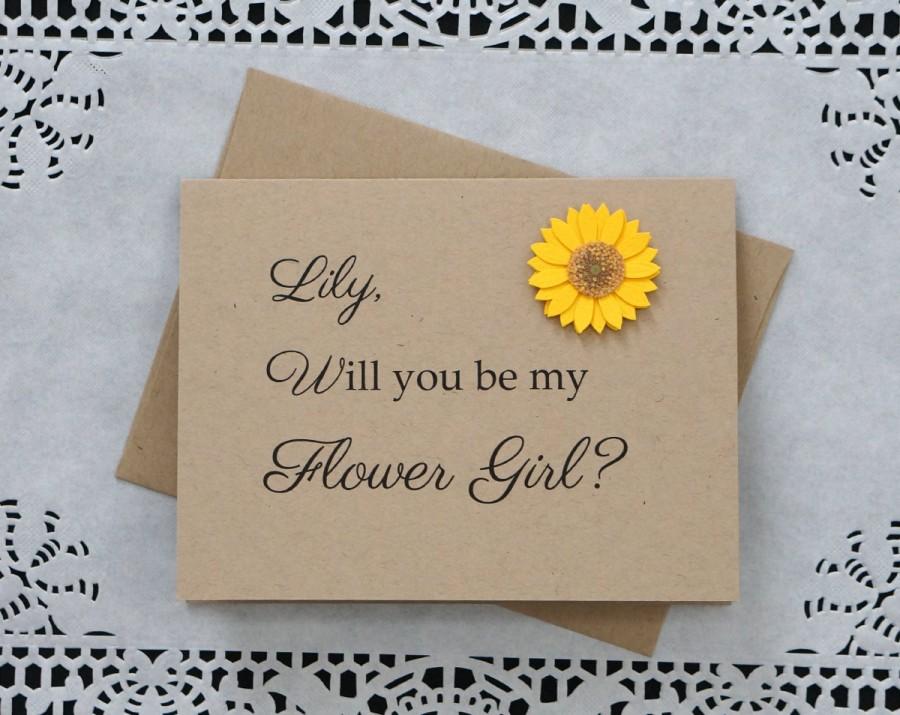 Mariage - Will You Be My Flower Girl Card - Personalized with Name - Flower Girl Invitation - Wedding Party Ask Cards - Floral Rustic Kraft Sunflower