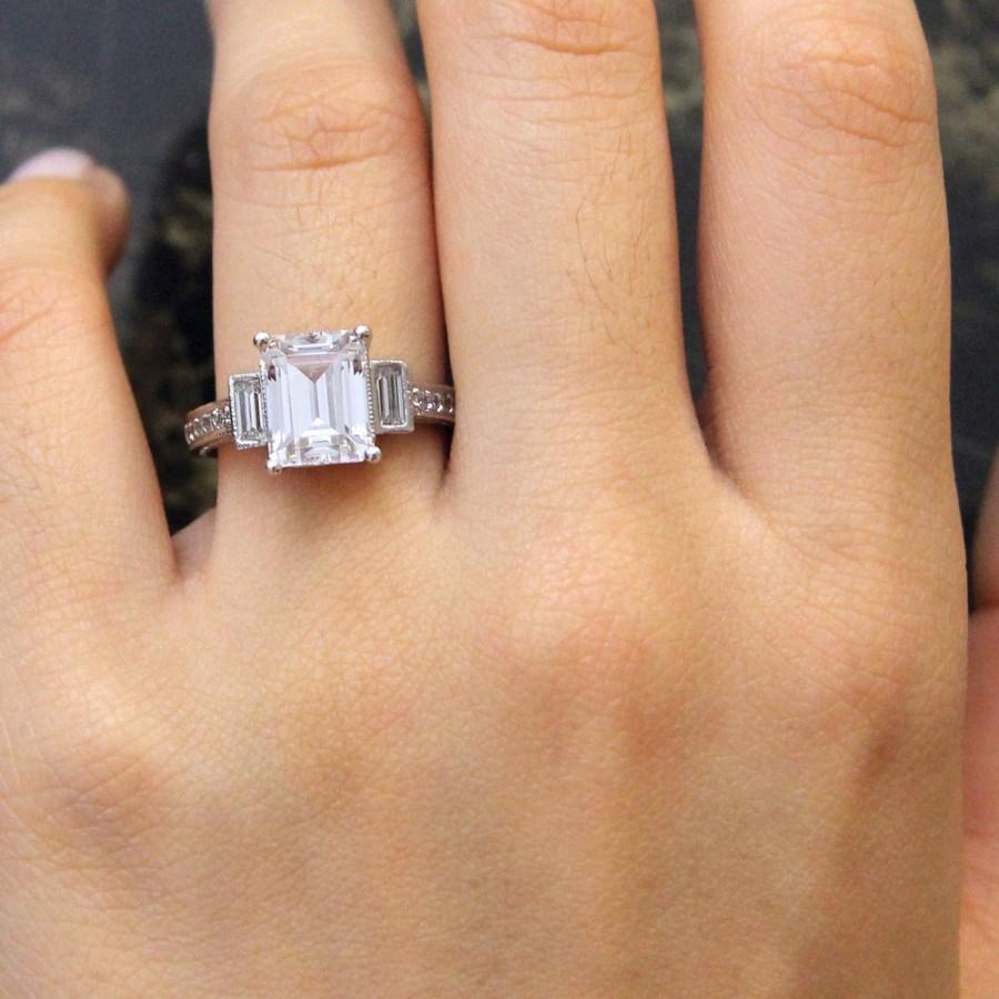 Wedding - 3.45 ct.tw Art Deco Ring-Engagement Ring-Emerald Cut Diamond Simulants-CZ Ring-Bridal Ring-Wedding Ring-Promise Ring-Sterling Silver-R97711