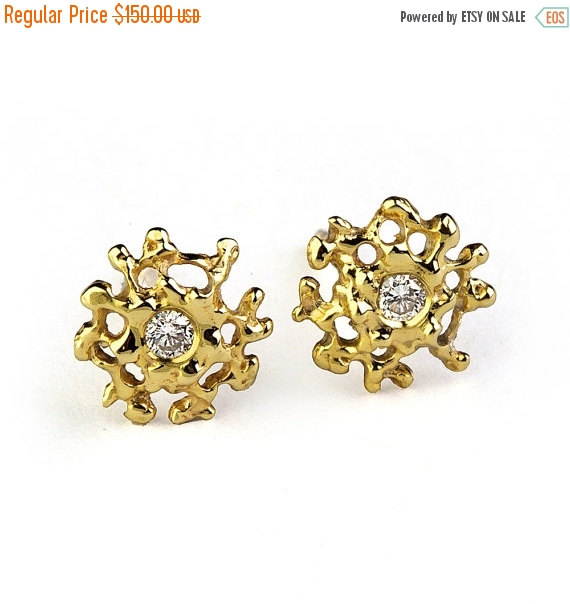 Wedding - SALE 20% OFF - CORAL Gold Earrings, Gold Gemstone Earrings, Small Earrings Studs, Gold Stud Earrings, Small Gold Posts, Organic Earrings