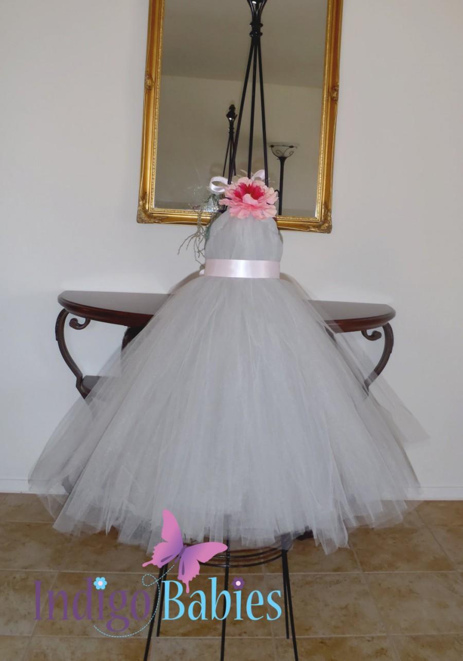 Mariage - Tutu Dresses, Tutu Dress, Flower Girl Dress,Silver Gray Tulle, Light Pink Ribbon, Pink Flower, Formal Dresses, Portrait Dress, Wedding