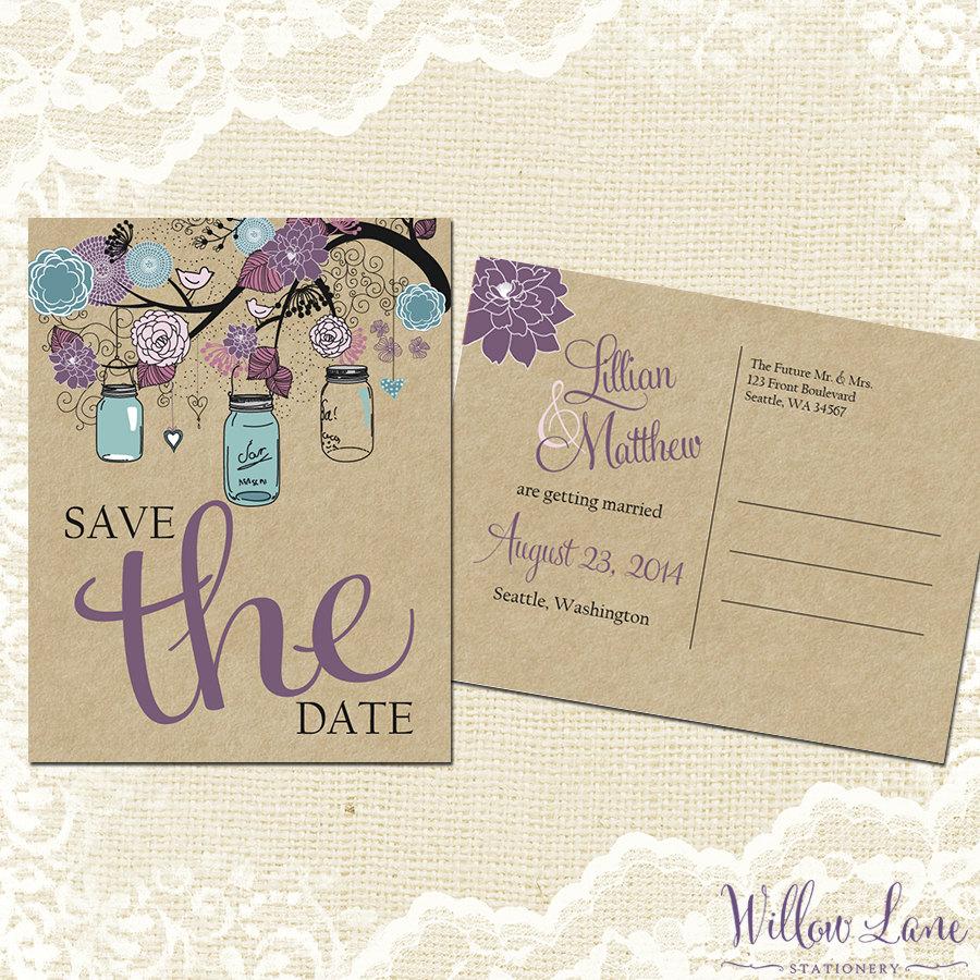 Wedding - Save the Date Postcard - Vintage Mason Jar Save the Date Card - Purple and Blue Save the Date - Rustic Barn Wedding - 4002 PRINTABLE