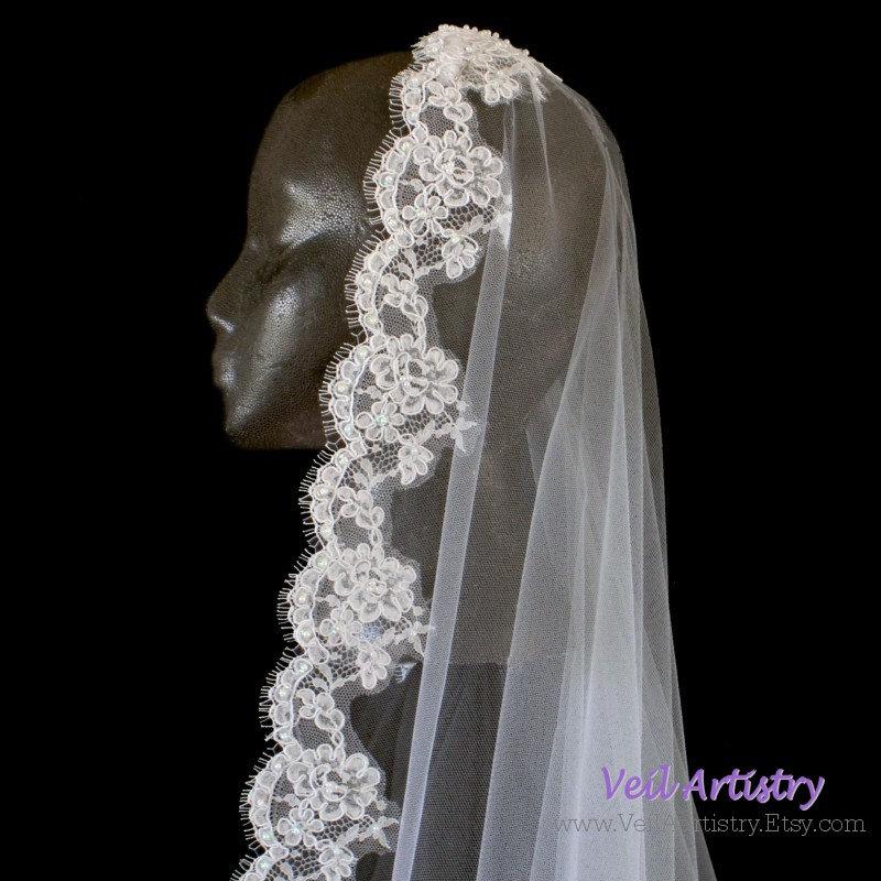 Wedding - Long Wedding Veil, Cathedral Veil, Mantilla Bridal Veil, Alencon Lace Veil, Pearl Veil, Lace Veil, Made-to-Order Only, Bespoke Veil