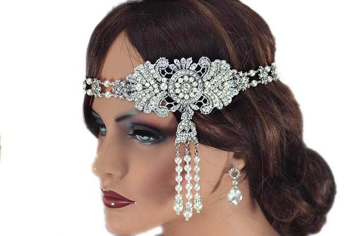 Wedding - Bridal forehead headband Vintage style wedding headpiece forehead, Gatsby headband 1920s headband, Flapper headband Art Deco headband 3117