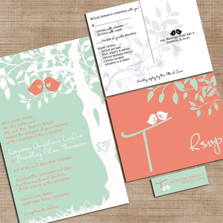 Hochzeit - Mint Green and Coral Wedding Invitations, Custom Love Birdies Wedding Invitation Suite with RSVP postcards and address labels