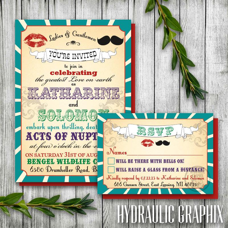 Hochzeit - Vintage Printable Carnival Wedding Invitation and RSVP card for a Circus, Carnival theme, Kiss and Mustache, Mr. and Mrs.