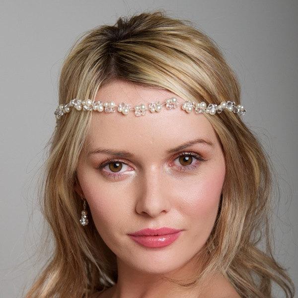 Mariage - Bridal boho Headband, Pearl Hairvine, Bridal Hair Piece - Long Hairvine - Hair Wrap. Use as forehead or headband
