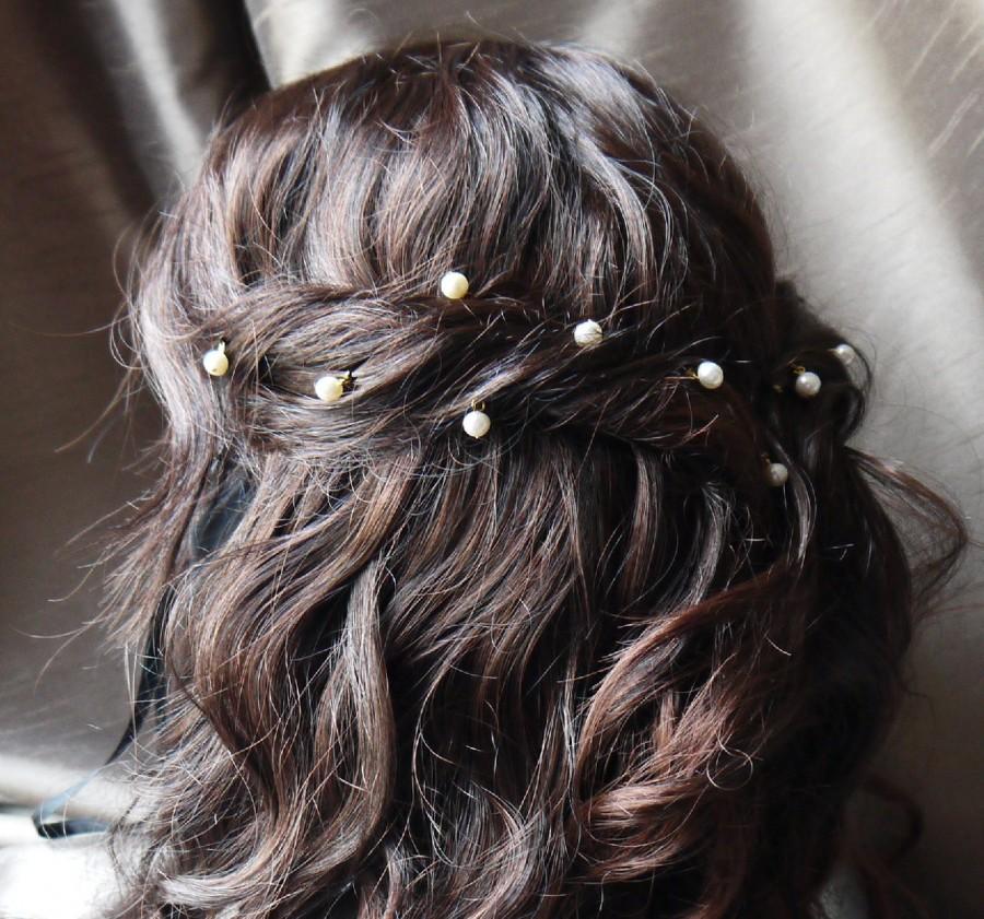 زفاف - 12 freshwater ivory round pearl hair grips / pins for wedding or prom, gold