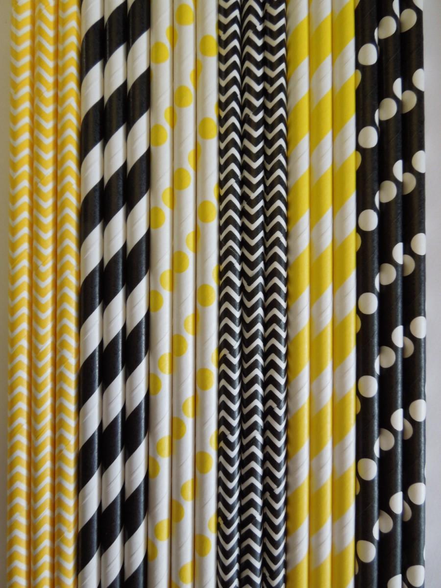 Wedding - 50 Black and Yellow BUMBLE BEE Paper Straws,Black Stripes Straws,Yellow Wedding,Bee Kids Birthday Party Baby Shower, Yellow Mason Jar Straws