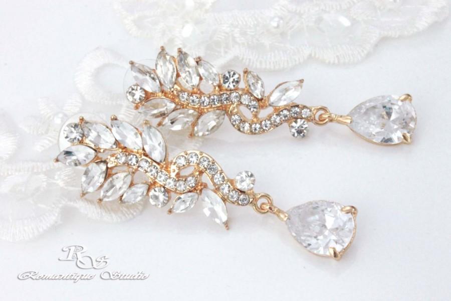 زفاف - Gold cubic zirconia bridal earrings marquise crystals cubic zirconia drop wedding earrings jewelry bridesmaid earrings bridesmaid gift 1313G