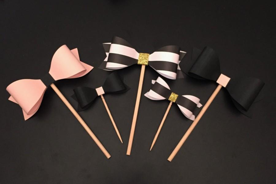 زفاف - Set of 12 Spade Inspired Bow Cupcake Toppers (Pink/Blk/Gold/Stripes), Perfect for Bridal Shower/Baby Shower/Birthdays, 3 Different Sizes