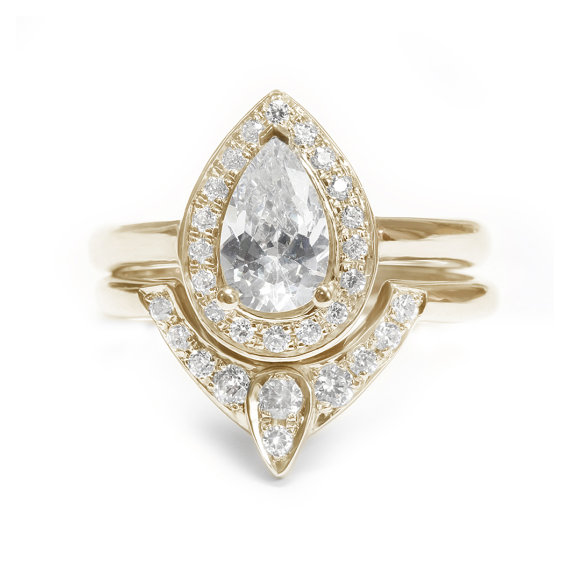 Wedding - Pear Shaped Diamond Engagement Ring with Matching Side Diamond Band - The 3rd Eye