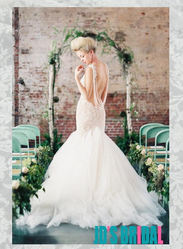 زفاف - JOL332 Exiquisite backless lace mermaid tulle bottom wedding dress