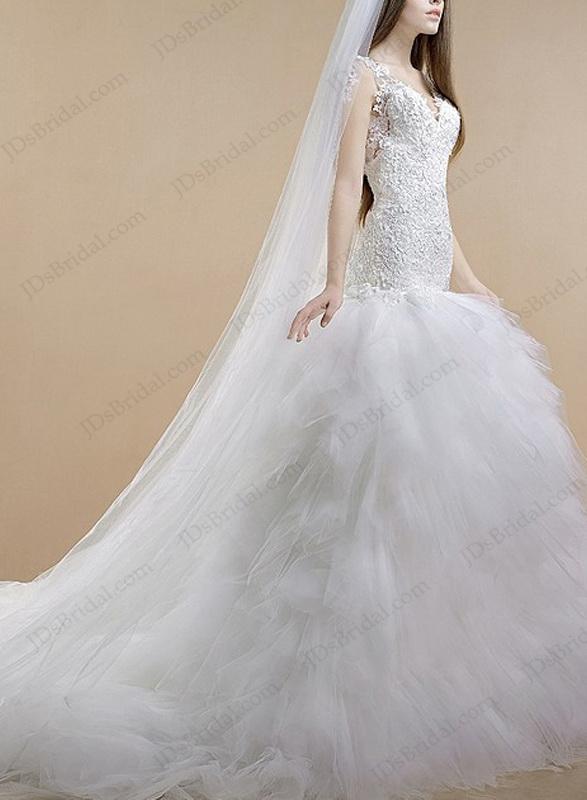 Hochzeit - IS040 Luxury backless lace straps ruffles tulle mermaid wedding dress