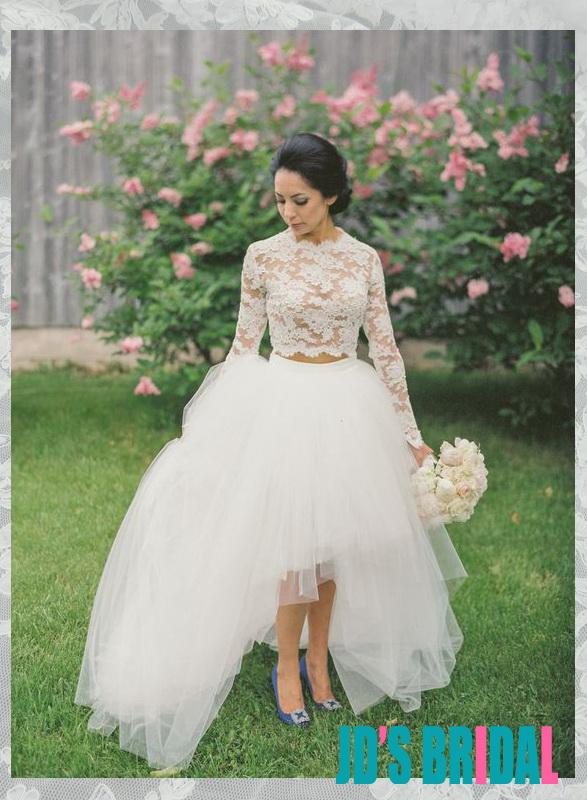 زفاف - JOL336 Sexy semi sheer lace top tulle skirt two pieces wedding dress