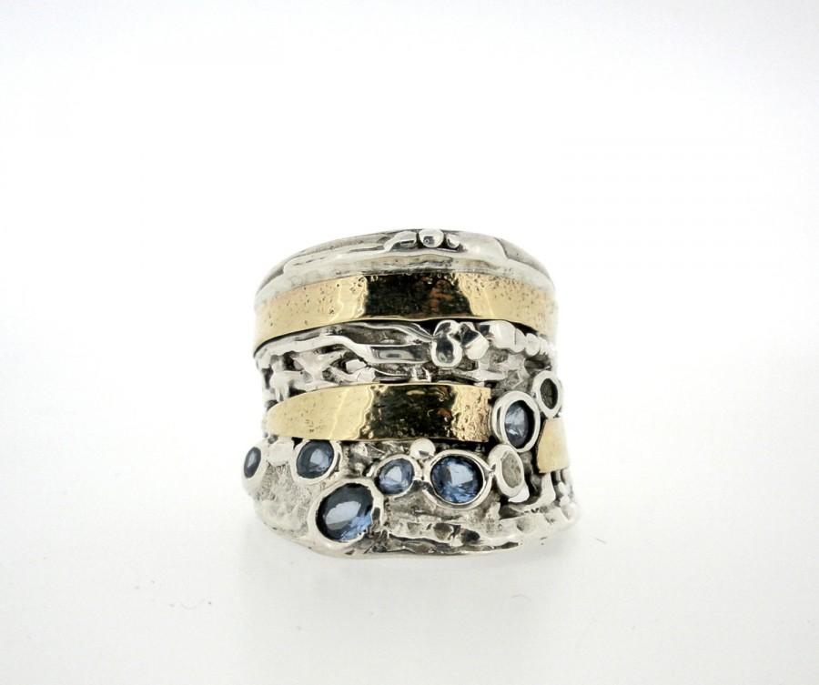 زفاف - Sterling Silver & Gold Ring With Zircon Inlaid, Art Nouveau, Modern style, Womans jewelry, Big Ring, Design by Amir Poran