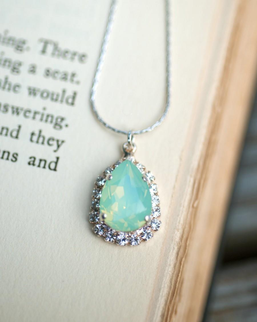 Hochzeit - Mint Green Opal Necklace , Bridal Necklace Estate Style Necklace Jade Swarovski Crystal Jewel Bridesmaids Gift