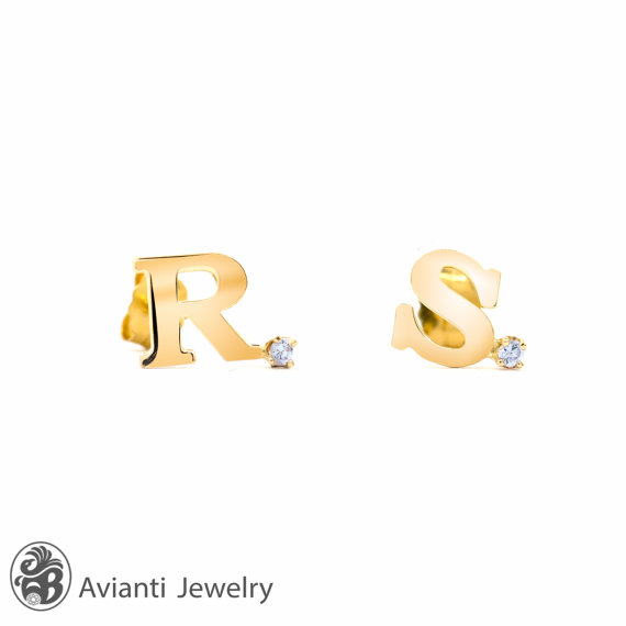 Mariage - Earrings, Initial Earrings,Yellow Earrings, CZ 14 karat solid gold initial earrings, Initial Yellow Gold Earrings 