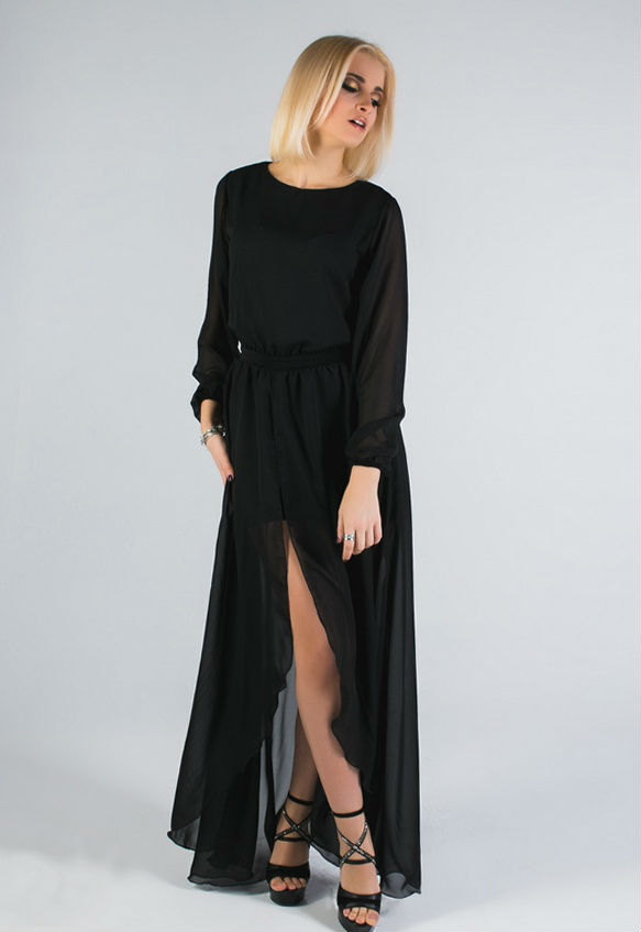 black chiffon maxi dress with sleeves