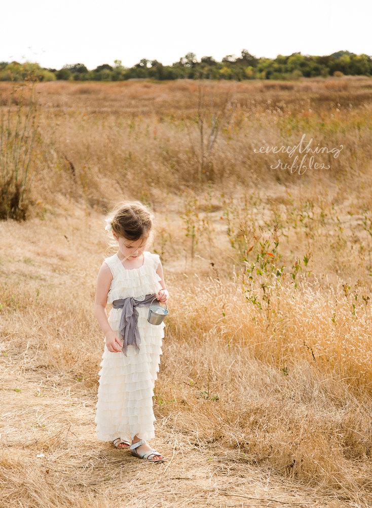 Mariage - Long Flower Girl Dress by Everything Ruffles -Ivory with Smoke Sash - Cap Sleeves, 2 INCH Ruffles