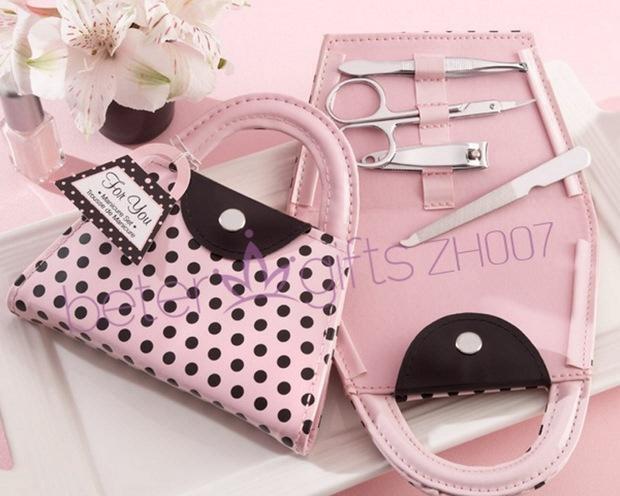 Wedding - ZH007 Pink Polka Dot Purse Manicure Set Bridal party gift