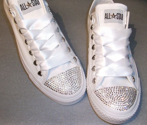 Wedding - RESERVED Listing For Danielle Nadolny: Swarovski Crystal Mono White Converse With Heart And Star Studs Lo's - Size UK 3 - US 5