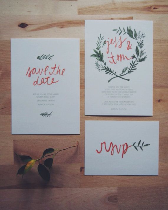 Свадьба - Floral Wreath Bohemian Wedding Invitation // THE OLIVE // Olive Green And Orange Hand Drawn Woodland Leaf Wreath // DEPOSIT