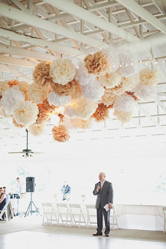 Свадьба - Wedding Decor, Rustic Wedding Decorations, Tissue Paper Poms, Shabby Chic Neutrals, Custom Colors, Reception Party Dancefloor Tent Marquee