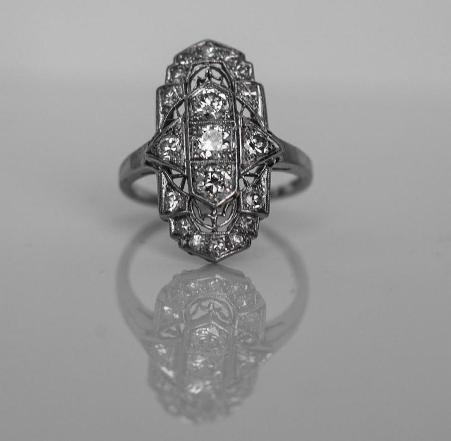 Hochzeit - Antique 1940's Platinum Art Deco Old Transitional Cut Diamond Engagement Ring with Shield Design ATL #178