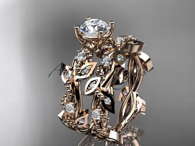 Wedding - 14k rose gold diamond leaf and vine wedding ring, engagement set ADLR59S