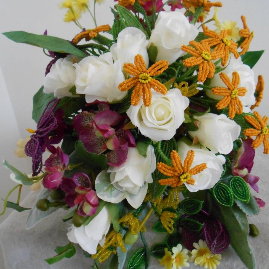 Wedding - French Beaded Cascade Wedding Bouquet White Yellow Orange with Silk Orchids and Rose OOAK