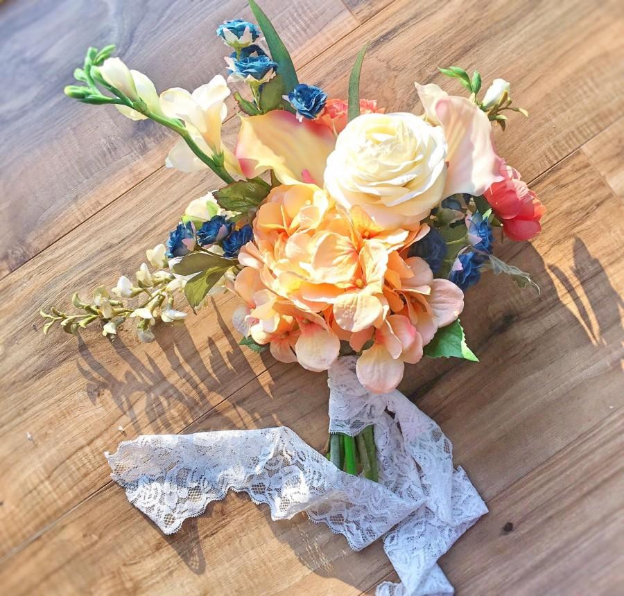 Hochzeit - FREE SHIPPING Romantic Handpicked Styled Rustic Cream Peach and Navy Bridal Bridesmaid Silk Wedding Bouquet