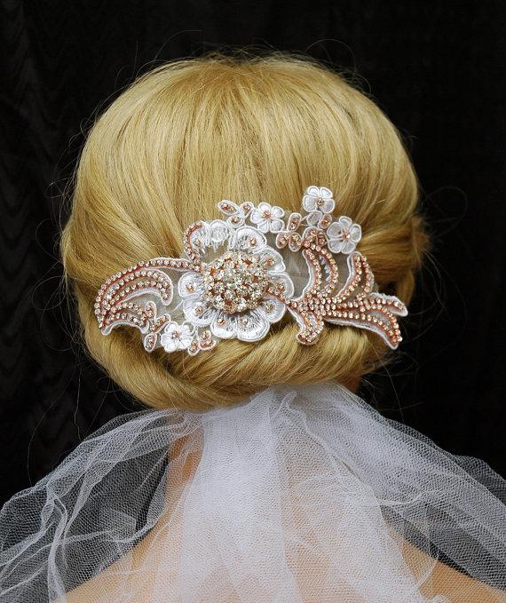 Свадьба - Wedding Flower Headband Rose Gold Rhinestone Pearl Headpiece Wedding Hair Headpiece Bridal Headpiece Wedding Hair Piece Rose Gold Hair Comb