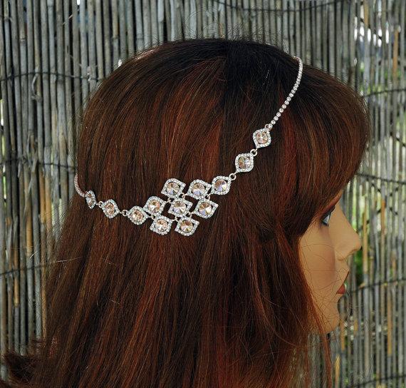 Wedding - Rose Gold Wedding Hair Piece, Bridal Headband, Wedding Headpiece, Bridal Hair Chain, Rhinestone Hair Jewelry, 1920s Headpiece