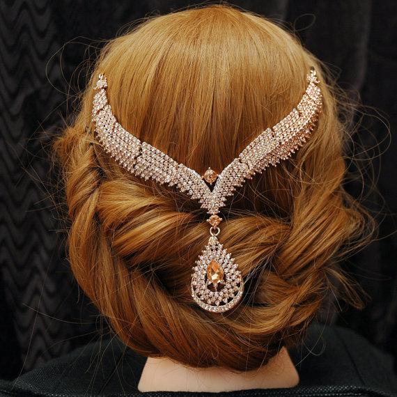 Wedding - Wedding Hair Piece, 1920s Bridal Headpiece, Bridal Hair Chain Accessories, Rose Gold Wedding Headpiece, Bridal Head Chain, Wedding Headband