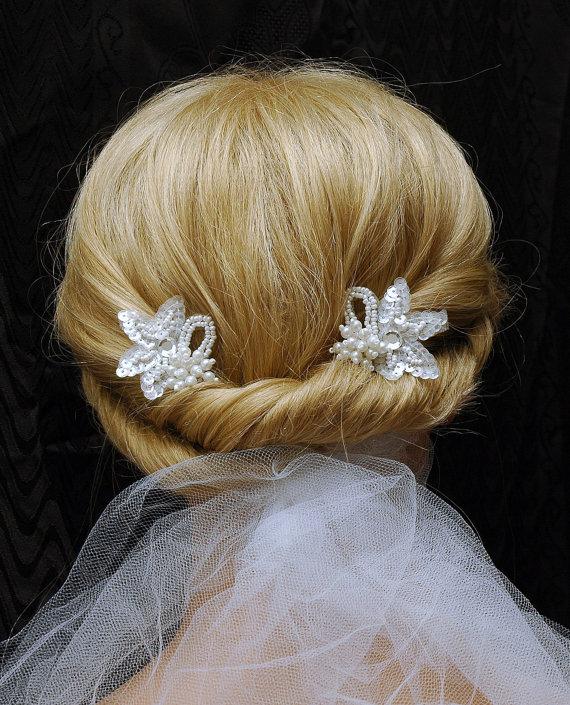 Mariage - Pearl Hair Pins, Lace Wedding Hair Pins, Boho Bridal Hair Pins, Wedding Hair Piece, Wedding Bobby Pins Set, Flower Girl Hair Pins