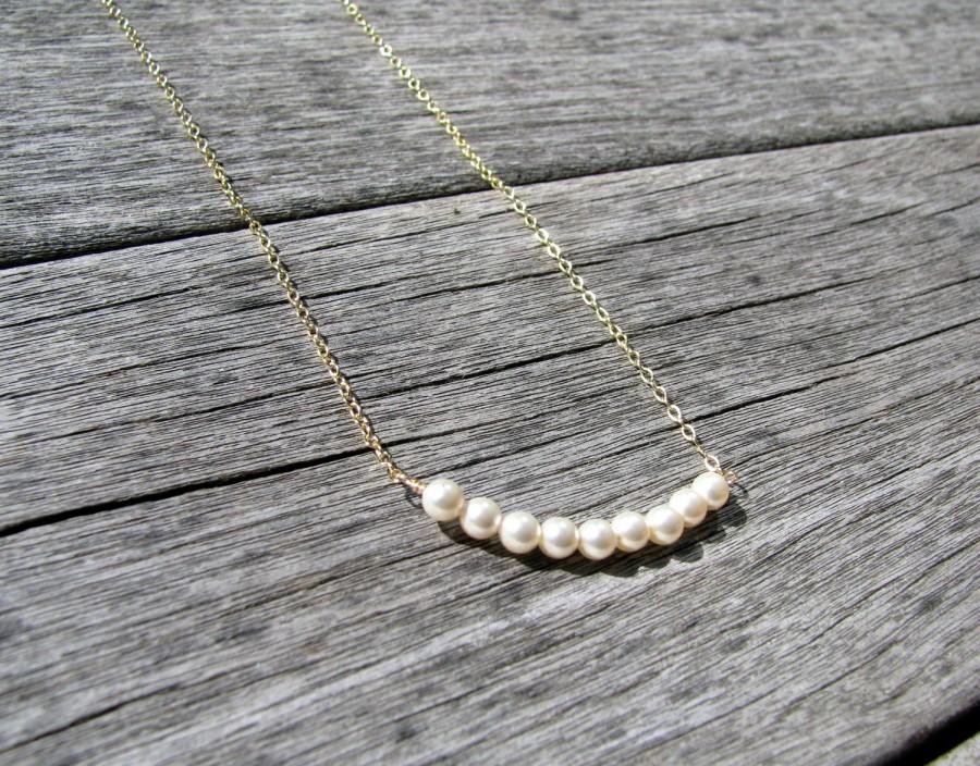 Wedding - Tiny Pearl Necklace,14K Gold Necklace, Single Strand Necklace, White Pearls, Gold Swarovski Necklace, Layering, Wedding, Bridesmaid