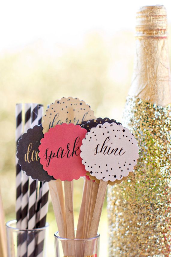 Wedding - Sip, Sparkle And Shine - Drink Toppers, New Years Party Circles, Drink Toppers, Cupcake Toppers, Drink Stirrers - 2.5" Round Party Circles